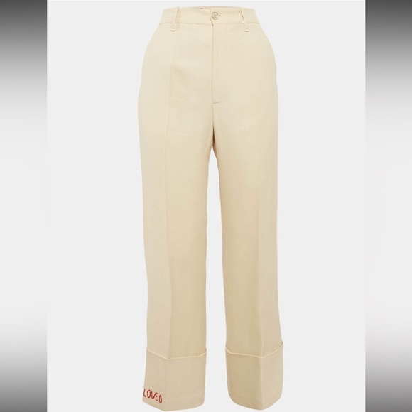 Gucci Embroidered Loved Cream Wool/Silk High Waist Wide Leg Trousers IT 38/US 2 - Picture 1 of 13